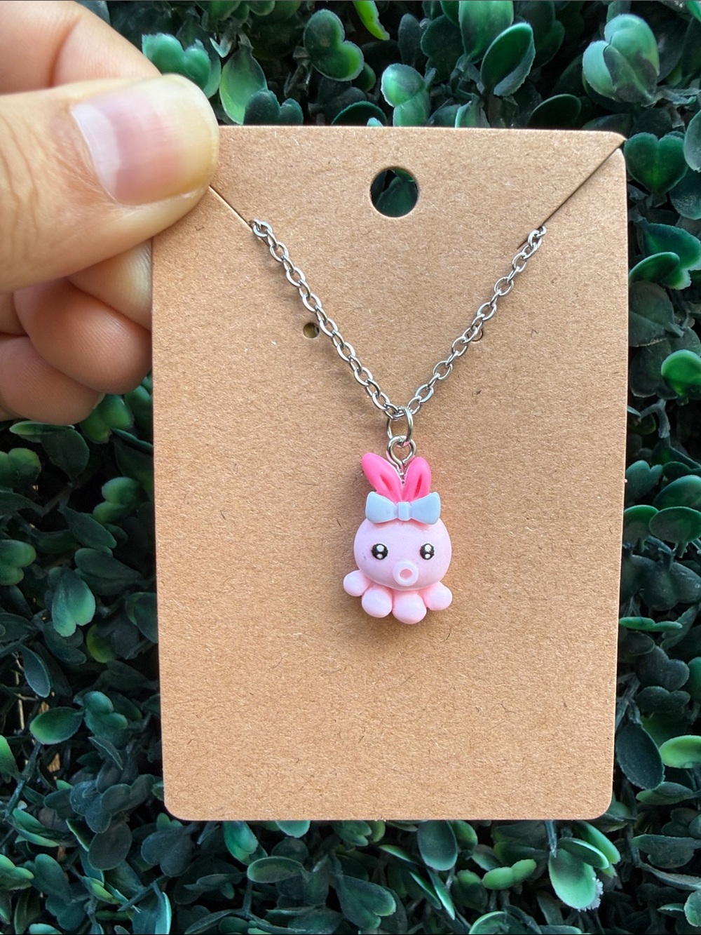 Hand Crafted Pink Bunny-Octopus Pendant Necklace with Blue Bow